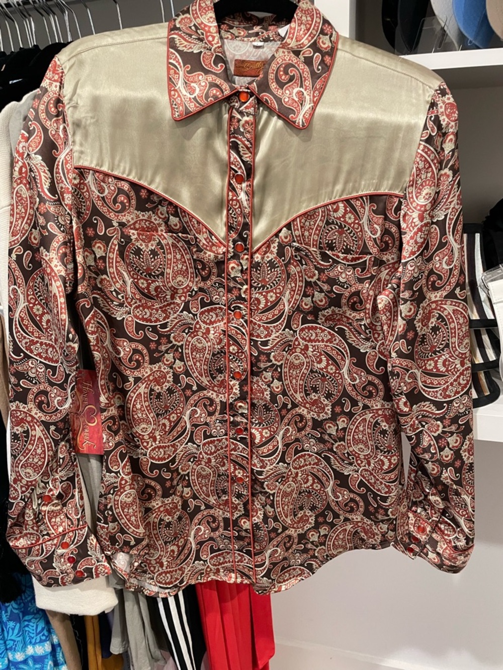 Scully Women's Satin Paisley Print Long Sleeve Fringe Western Shirt - Picture 2 of 4
